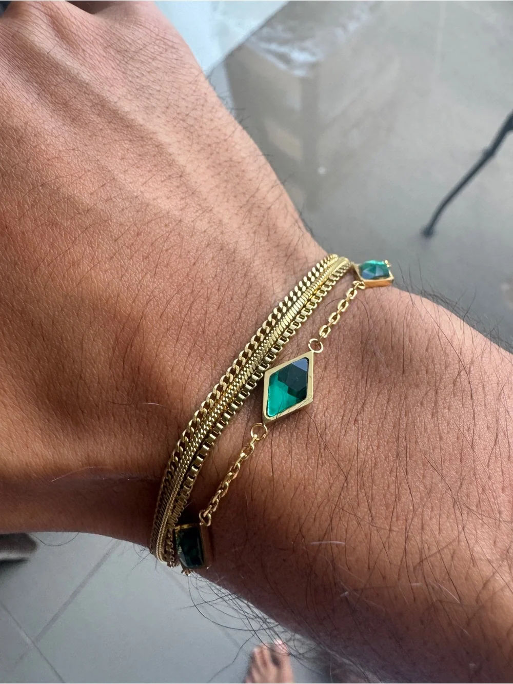 Gold Chain Bracelet with Emerald Green Gemstone Links
